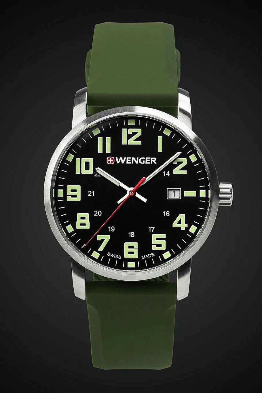 Hot SWISSGEAR Wenger Avenue Watch - Stainless Steel With Black Dial And Green Silicone Strap